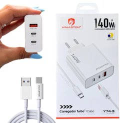Carregador Turbo 140W 3 Portas + Cabo USB-C 1 Metro H’Maston Original Anatel