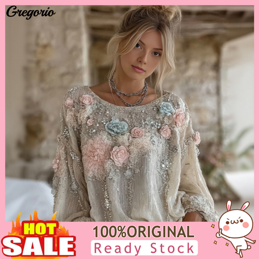 Long Sleeve Top Warm Comfortable Women’s Round Neck Tee Shirt with 3d Flower Print and Faux Pearls Loose Fit Pullover
