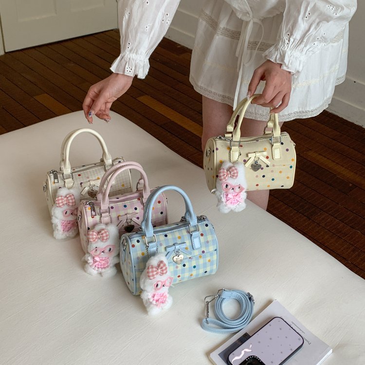 Mini bolsa Boston xadrez de bolinhas estilo feminino, laço + enfeites de coelho de pelúcia, bolsa de batom multicolorida