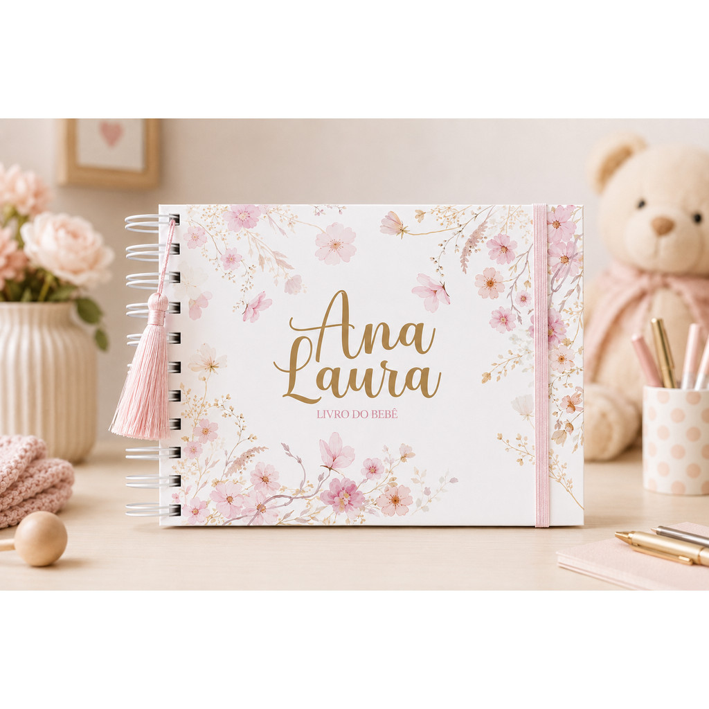 Livro do Bebê Personalizado Cerejeira Sakura Rosa Presente Maternidade Chá Bebê