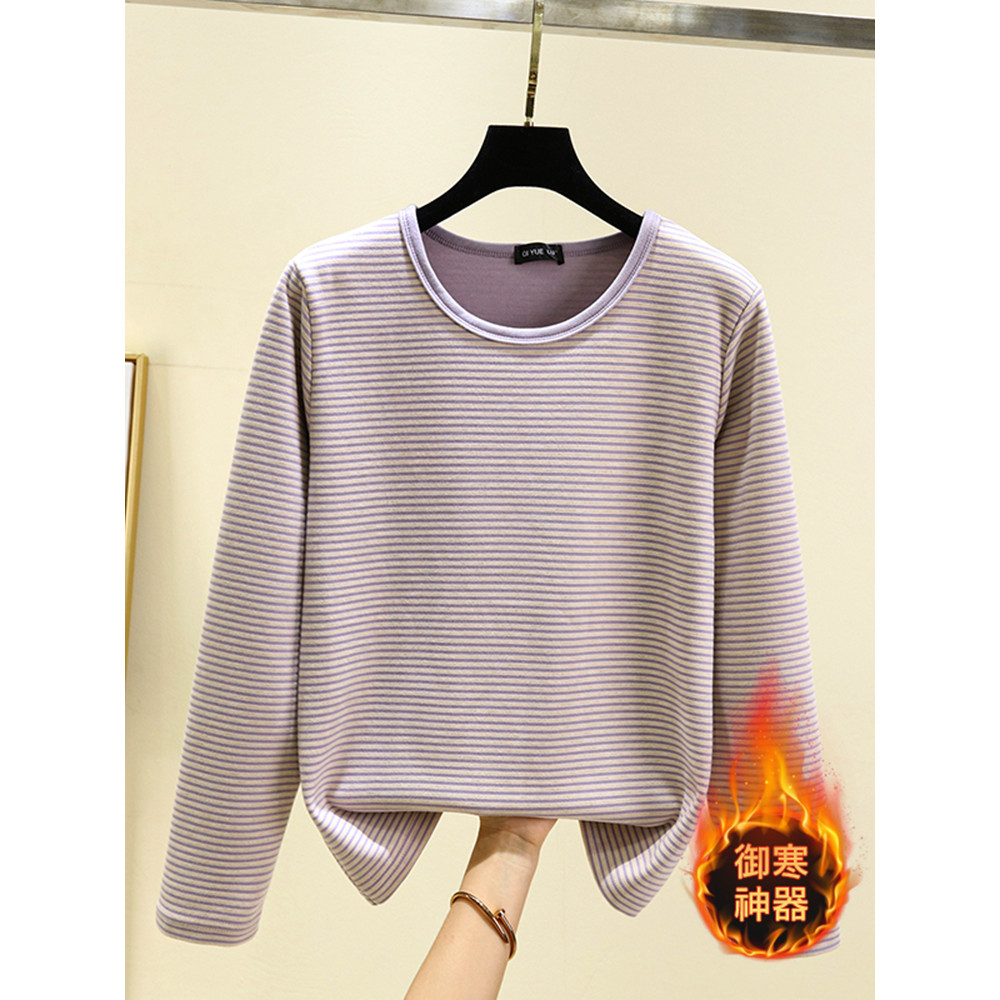 Roupa íntima térmica de riscas de lã dupla face feminina outono inverno roupa interna camisa de manga comprida tamanho g