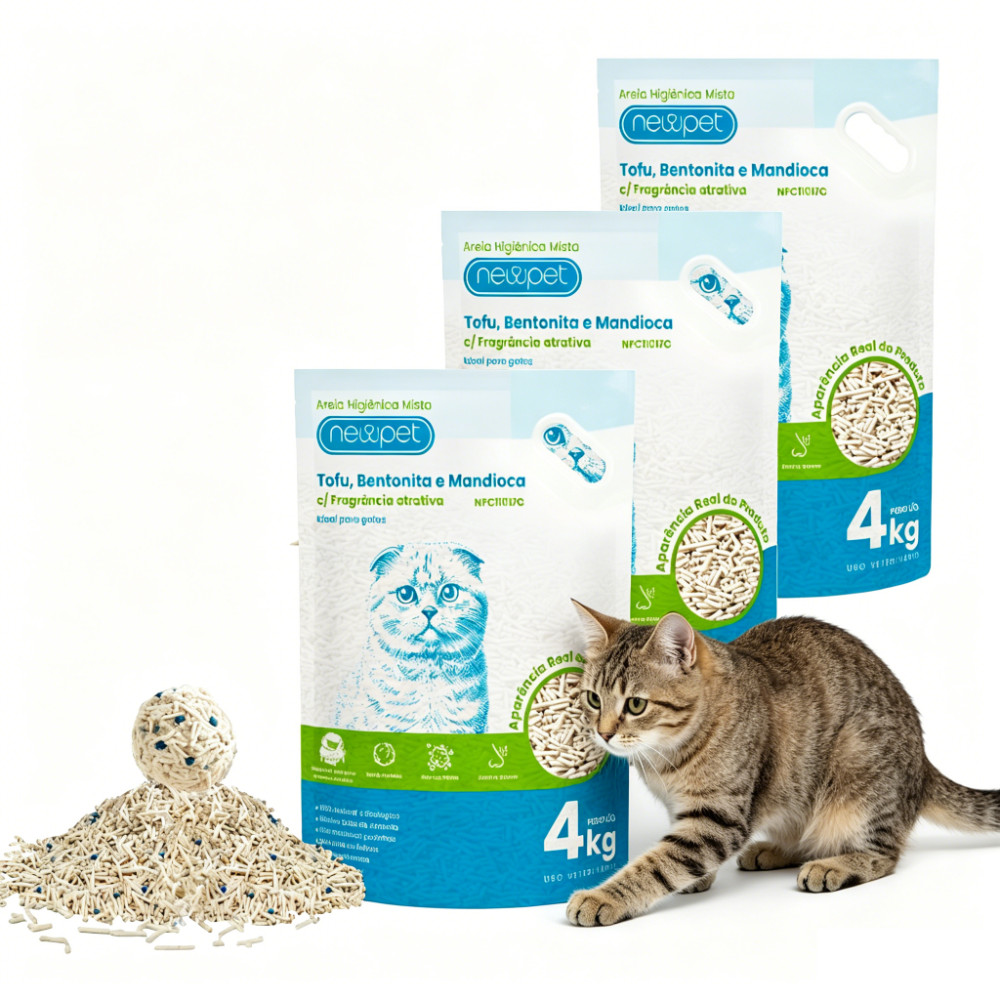 Kit 3 Newpet Tofu, Mandioca e Bentonita: Mistura para gatos com pouca poeira e forte absorção