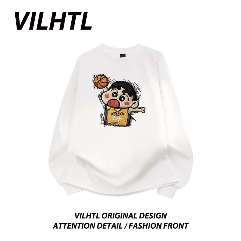 Novo estilo Retro imitação bordado basquete Crayon Shin-Chan impresso algodão de manga comprida camiseta masculina outon