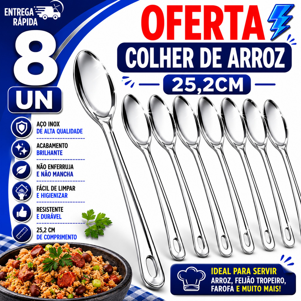 COLHER DE ARROZ INOX 25CM UTILIDADE DOMÉSTICA E PROFISSIONAL 8UN