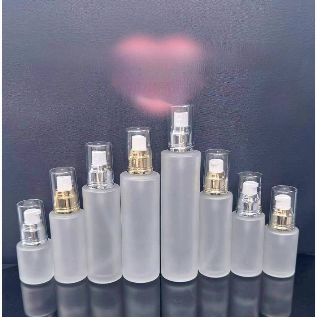 Garrafa de vidro fosco tampa dourada tampa prateada Spray imprensa garrafa loção cuidados com a pele água óleo essencial
