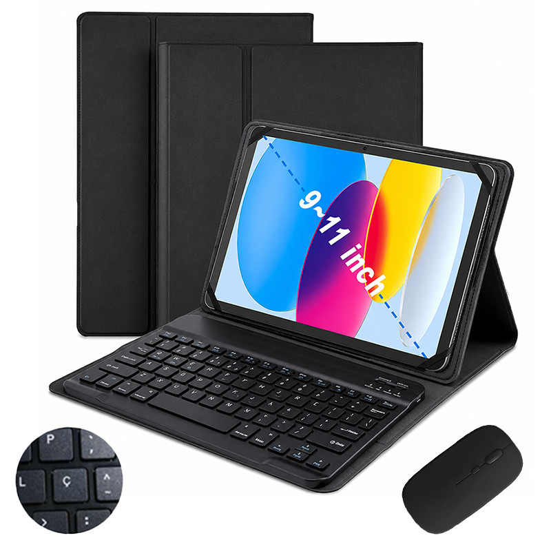 Capa Com Teclado ABNT2 +Mouse Para Tablet 9-11 Pol Universal iPad/ Samsung Galaxy Tab /Xiaomi Redmi /Lenovo - Preto