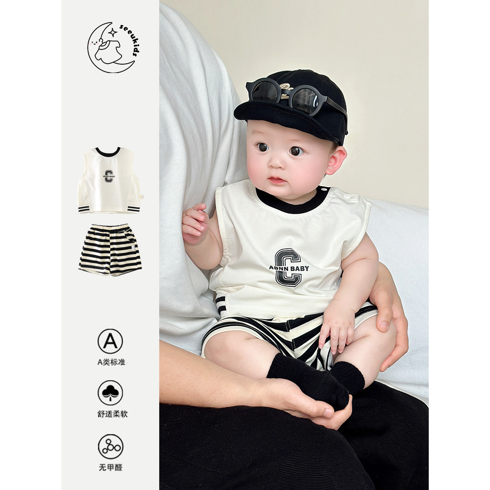 2026 verão novo estilo meninos colete terno versão coreana masculino feminino bebê sem mangas topo listrado Shorts terno