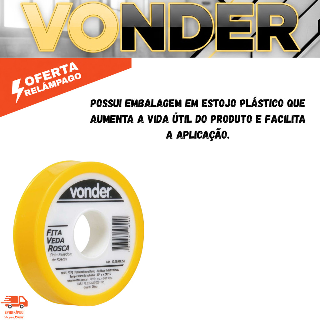 Fita Veda-Rosca 18 mm x 25 m VONDER 25 Metros Resistente · foto 2