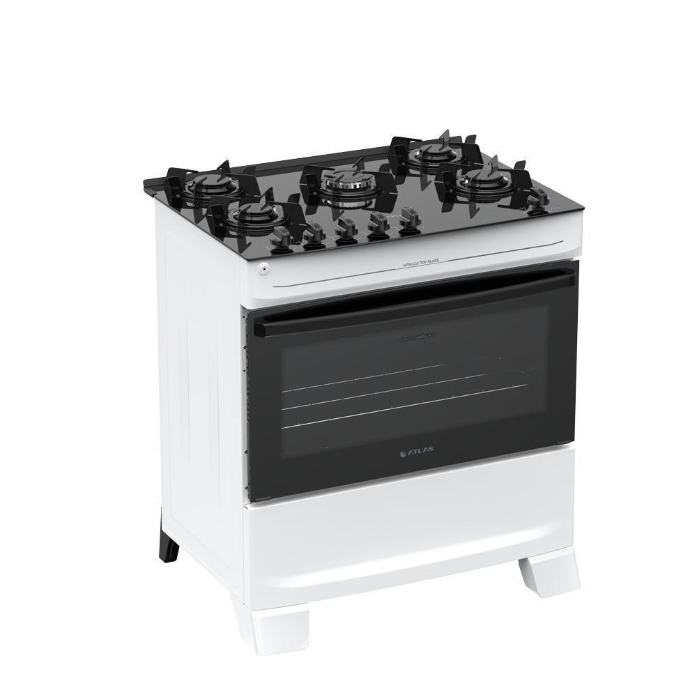 Fogão de Piso 5 Bocas Gás GLP Atlas Mônaco Top Glass Mesa de Vidro Temperado Automático Branco