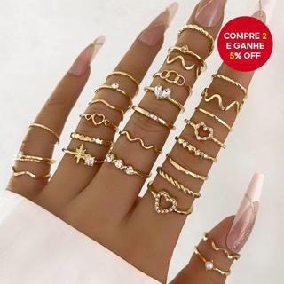 Conjunto de 28 Anéis Minimalistas em forma de Onda para Mulheres - Joias em Prata com Anéis Geométricos de Coração