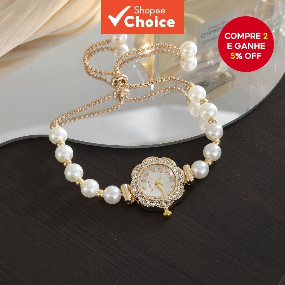 Pulseira De Pérola Falsa Relógio Flor Mostrador Ajustável Elegante Quartzo Feminino