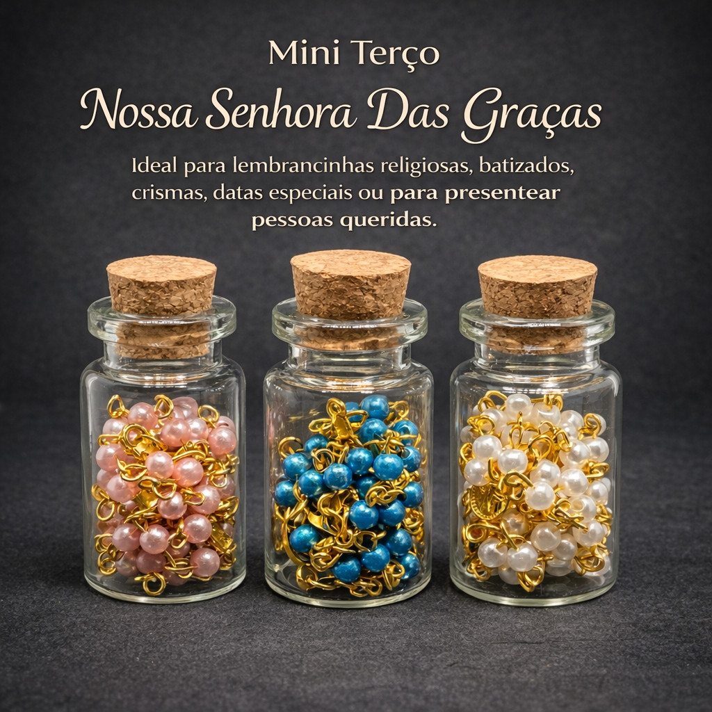 Kit 3 Mini Terços Nossa Senhora das Graças na Garrafinha com Rolha – Lembrancinha Religiosa