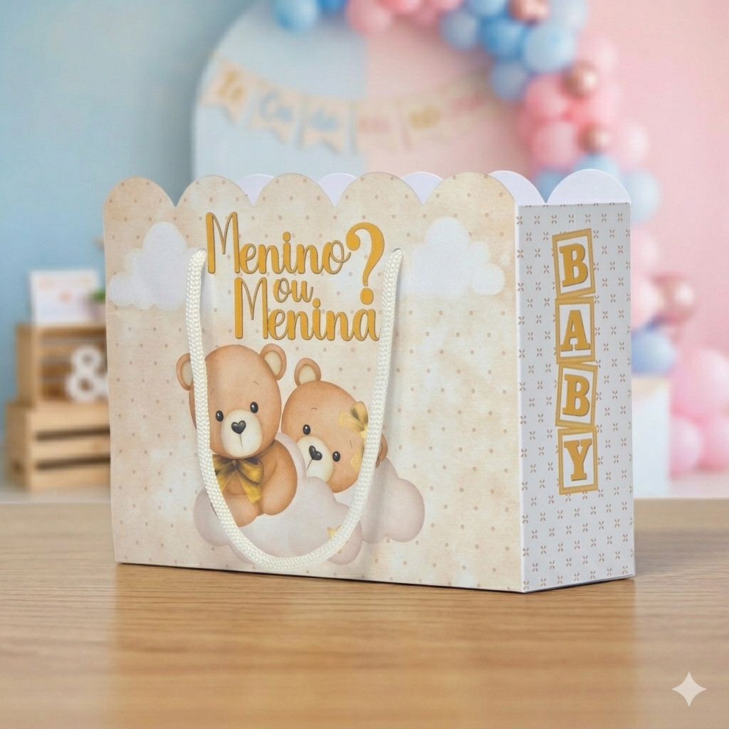 Sacolinha Personalizada Chá de Bebê Ursinhos Marrom Lembrancinha Chá Revelação Festa Personalizada