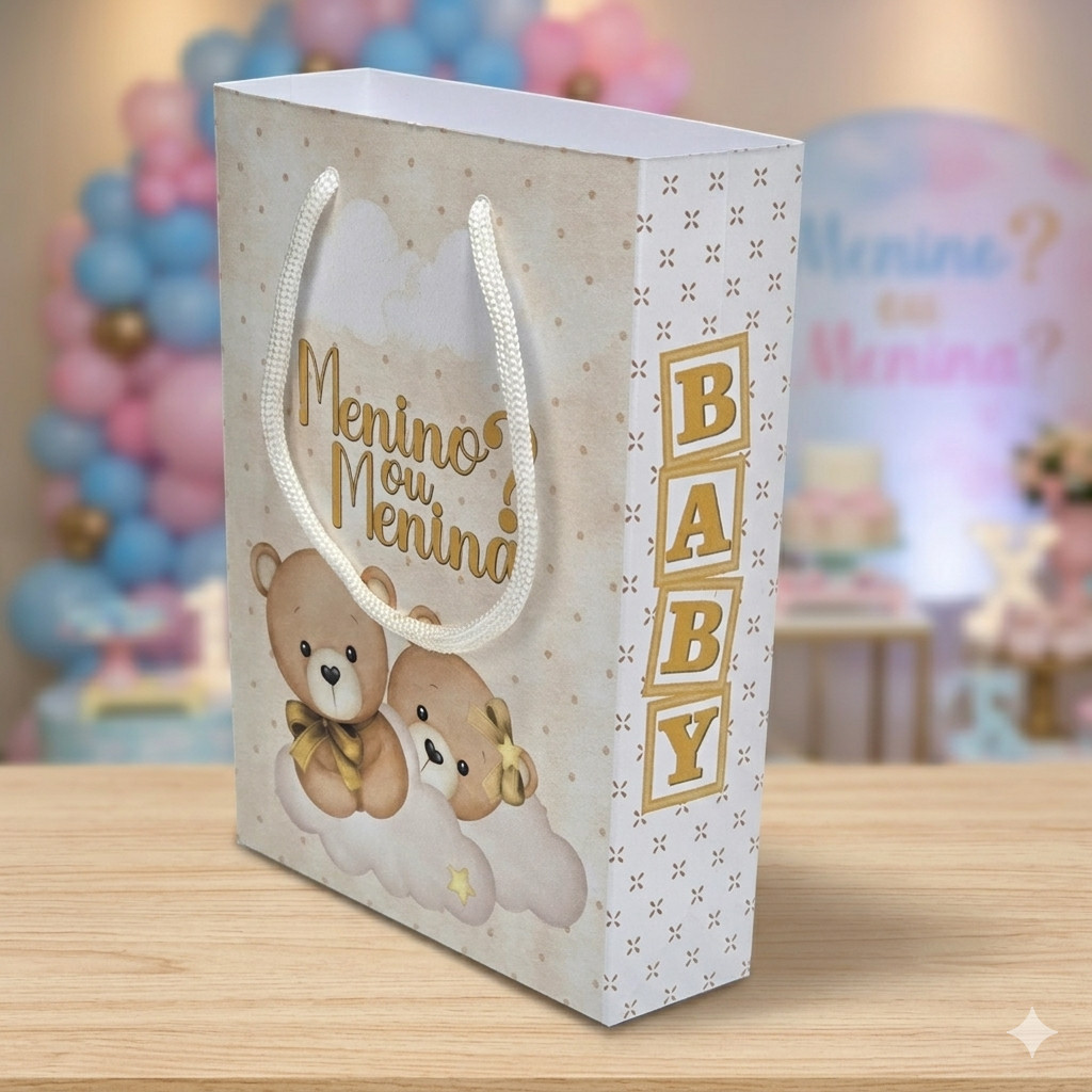 Kit Sacolinha Personalizada Chá de bebê Ursinhos Marrom Lembrancinha para Festa Chá Revelação