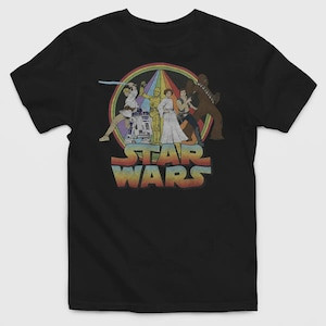 Camiseta Masculina Feminina Oversized Estampa Star Wars Personagens Arco-Íris Vintage T-shirt Streetwear Geek Casual