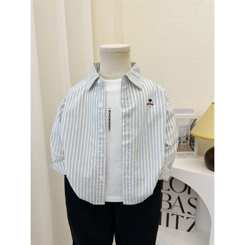 Meninos primavera outono puro algodão camisa de manga comprida 2025 novo estilo crianças listrado camisa fina bebê outon