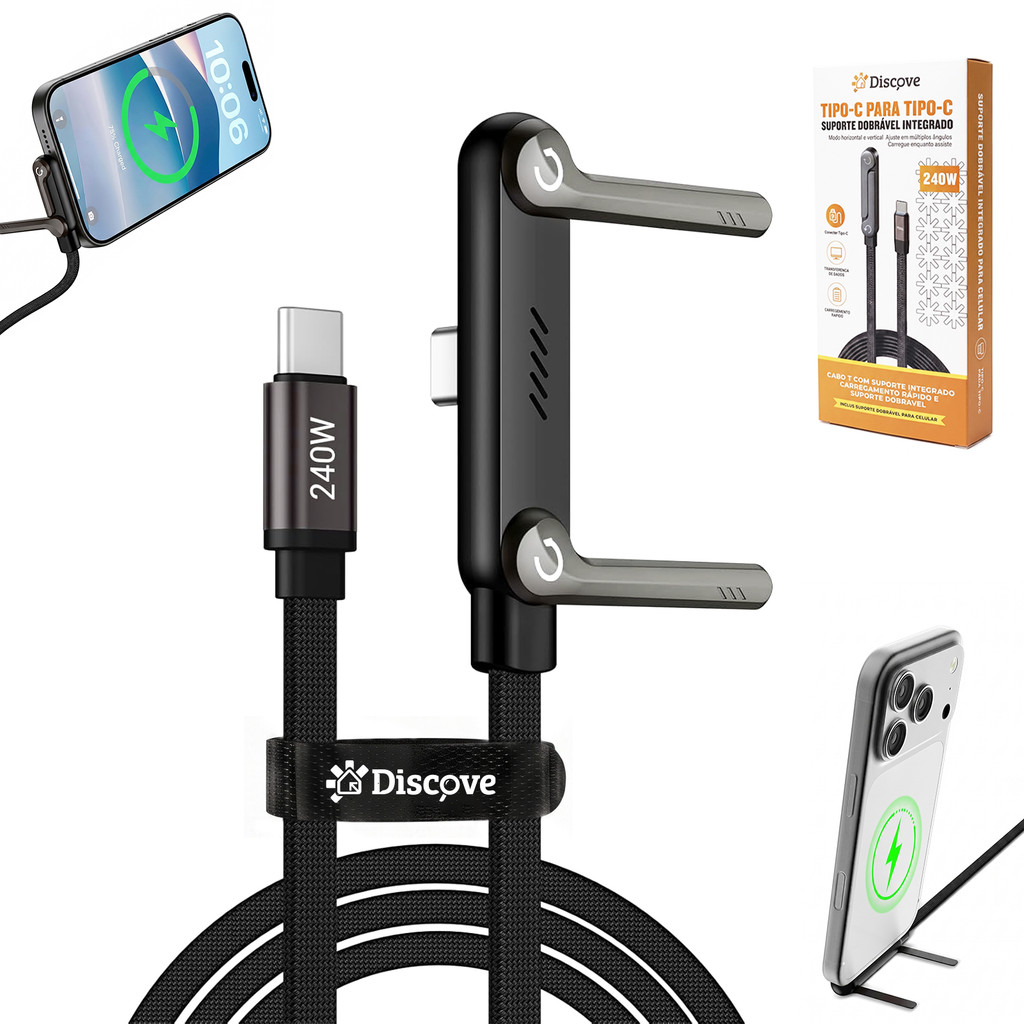 Cabo de Carregamento para Celular 240W 1.5M Type-C Suporte Angular Telefone Ultra Rápido Dados Jogos
