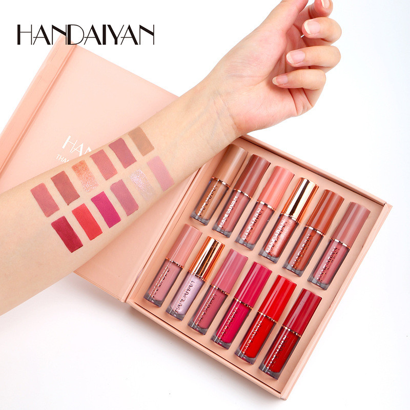 Brilho labial não brilhante à prova d'água 12 cores esmalte atacado contas de esmalte fino handaiyan copo brilho labial