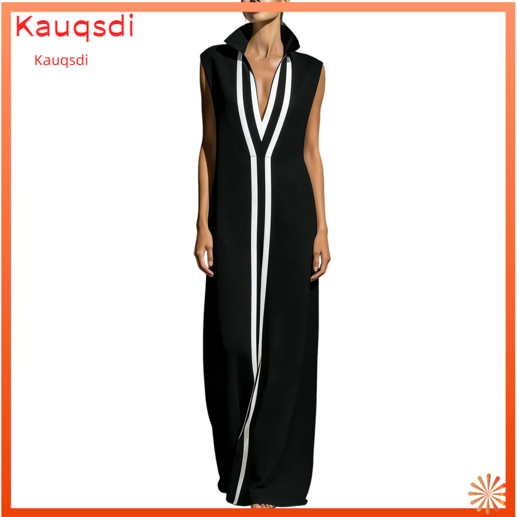 Lightweight Summer Dress Polyester Women’s Long with Stand-up Collar V Neck Loose Fit Elegant Geometric Print for Wear