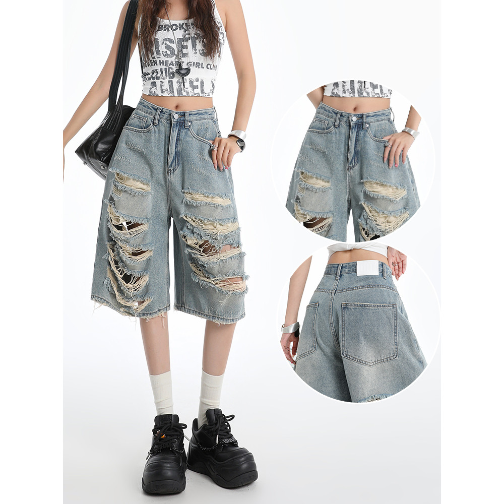 Grande rasgado calças de brim de perna larga feminino 2026 novo estilo verão estilo fino Design solto moda perna reta ca