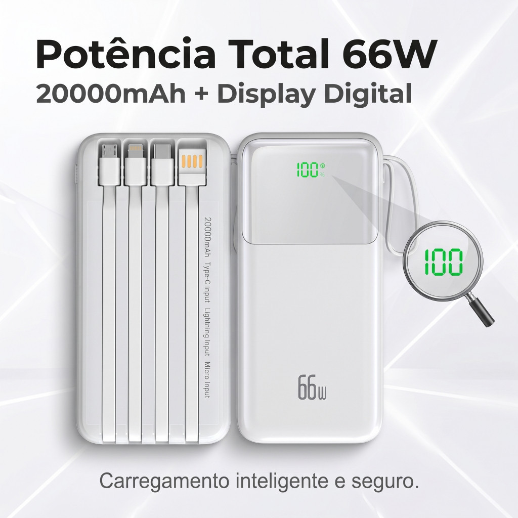 Power Bank 20000mAh 66W Carregamento Super Rápido Display Digital 4 Cabos Integrados Bateria Externa Universal