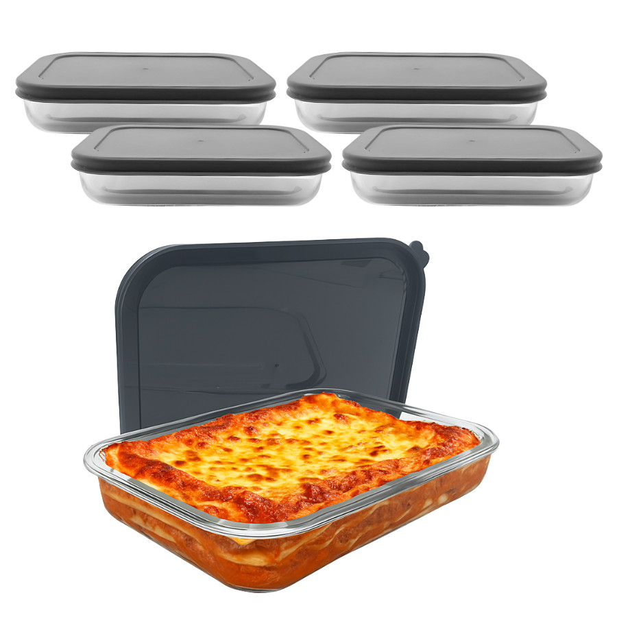 Kit 6 Travessa Assadeira Vidro Com Tampa Hermética Retangular Forno Microondas 2600ml