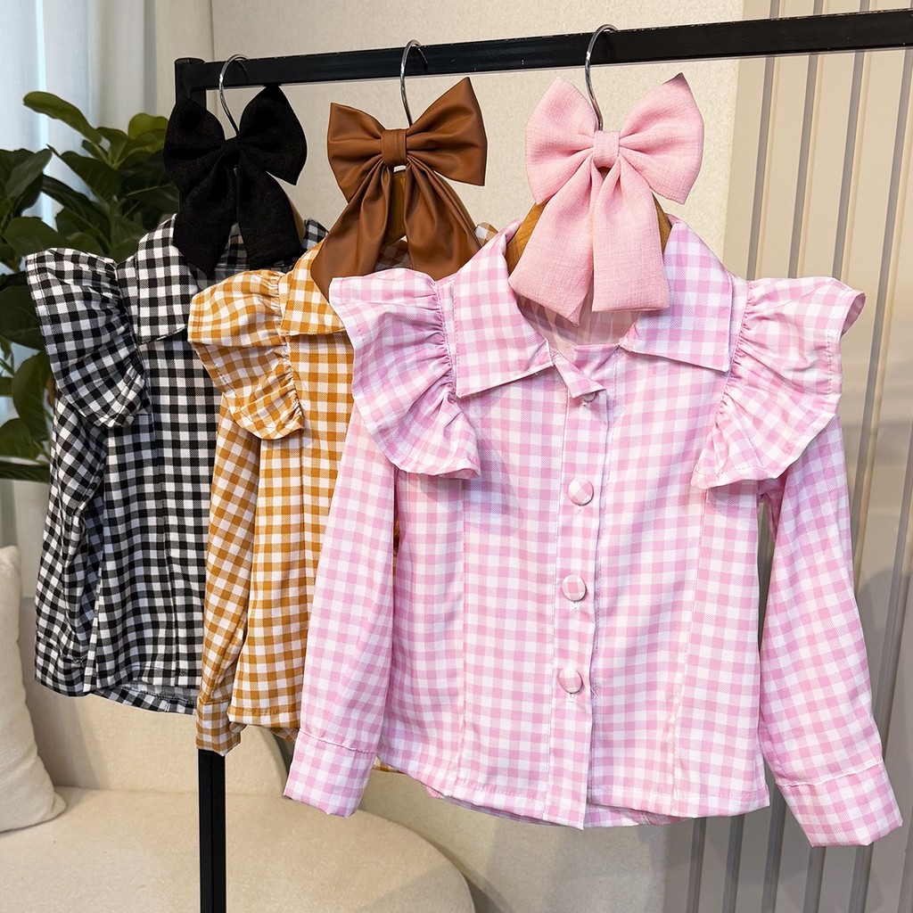 Camisa Infantil Xadrez Rosa, Nude e Preto Menina 04 ao 12