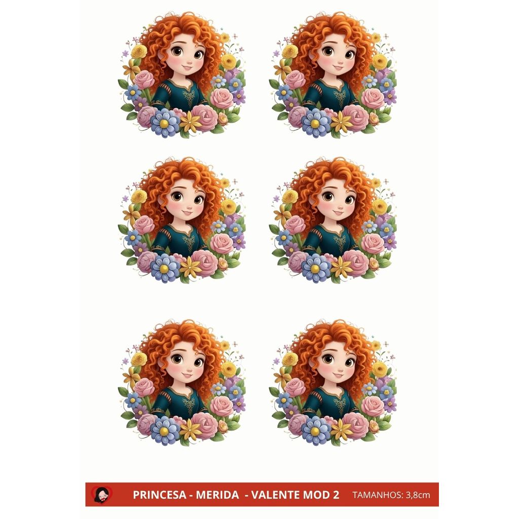 ADESIVO DTF UV PRINCESA - MERIDA - VALENTE MOD 2 3,8CM PARA APLICAR 9X13cm