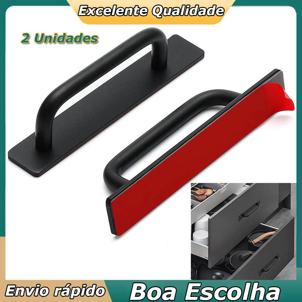 2PCS Alças de Porta sem Furo liga de alumínio com Adesivo para Portas Correr Armários Gavetas Preto 14.8x2.5x3.5cm