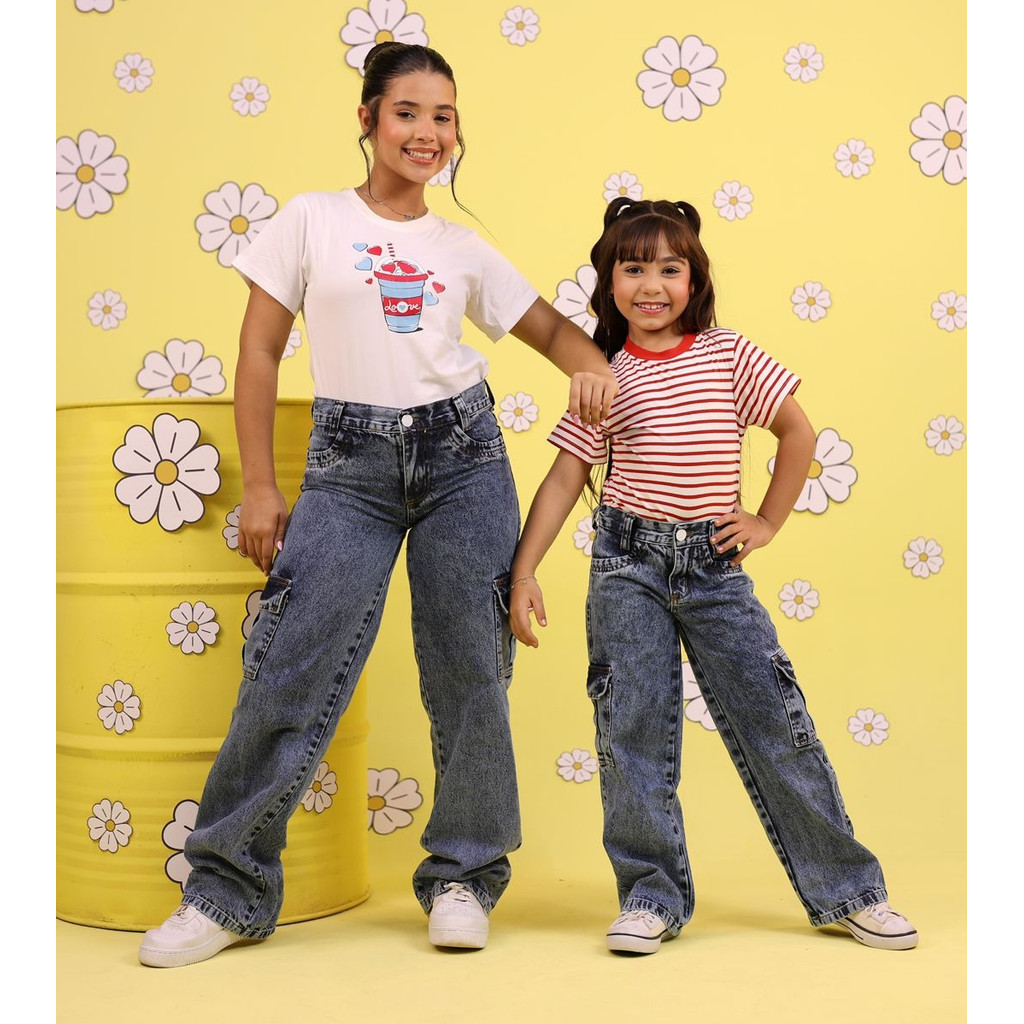 Calça Jeans Infantil Juvenil Adolescente Menina Cargo Black Azul Marmorizada  4 a 16  Anos Jeans Premium