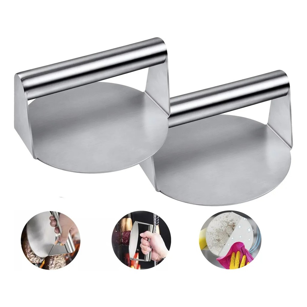 Kit 2x modelador de hambúrguer artesanal Prensa Amassador Smash prensador de Burger Aço Inox Profissional - Cinza
