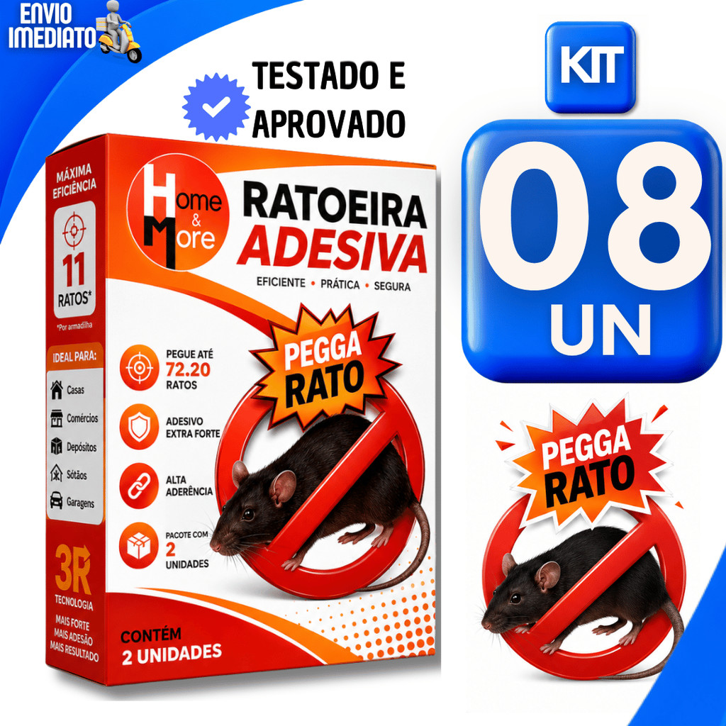 Jogo 08 Ratoeira Adesiva Pega R@to Cola Super Forte e Sem Veneno Premium Gruda Rápido
