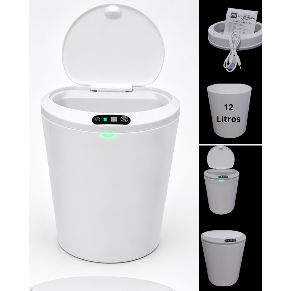 Lixeira Automática Sensor Inteligente  Recarregável  Tampa redonda 12L Cozinha Banheiro e Escritório