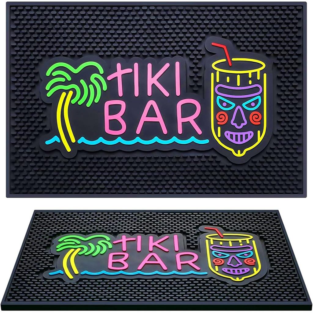 Tapete de Bar Preboun Tiki 12 x 18 Polegadas, Borracha Espessa com Padrão Fluorescente, Antiderrapante, para Balcão, Ent