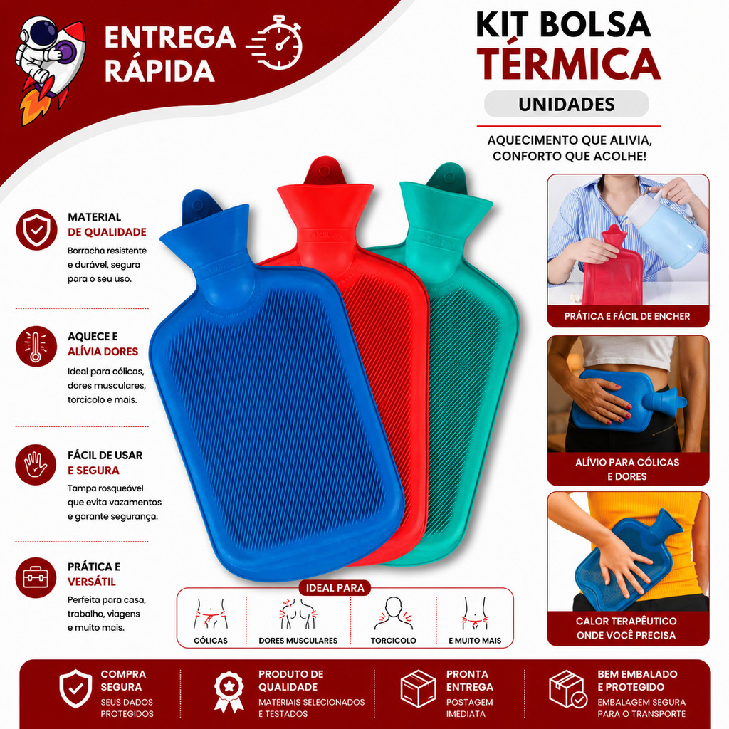 Kit 4 Bolsa Térmica De Água Quente 1.5L Emborrachada Multiuso Para Compressas Aliviar Dores Cólica Lombar Pescoço