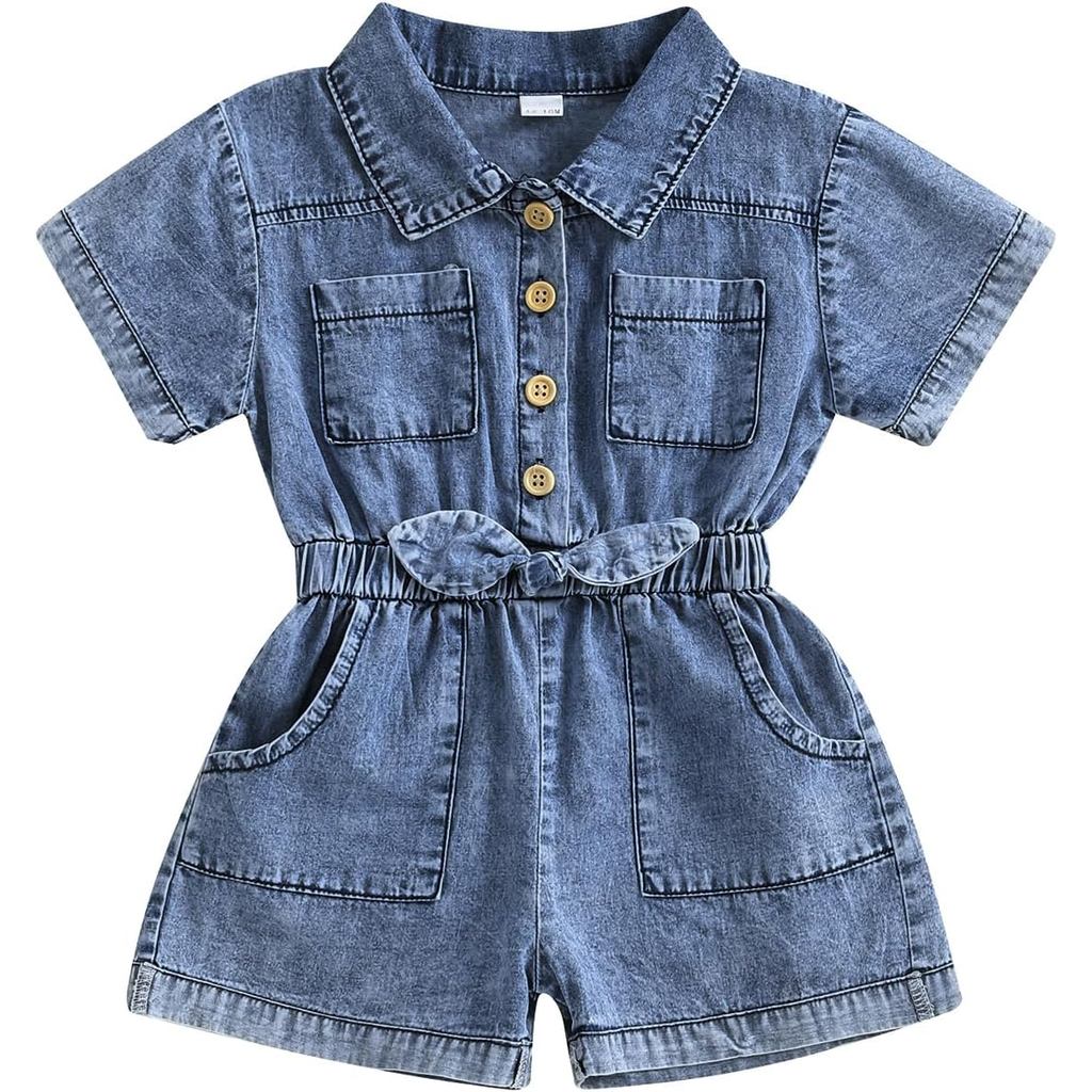 Macacão curto de verão para menina pequena, macacão infantil, roupa de bebê, macacão de jeans, conjunto de peça única.
