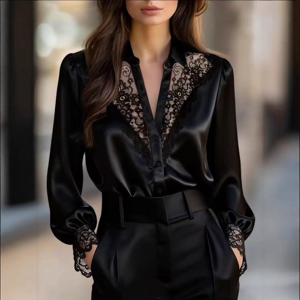 Blusa de Cetim com Renda para Mulheres |     Camisa de manga comprida com decote em V e botões, acabamento elegante de a