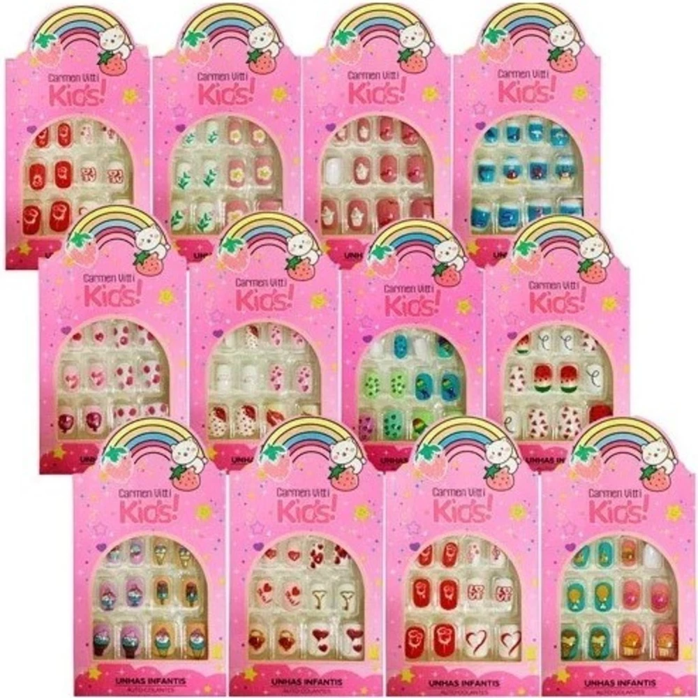 Kit 144 Unhas Postiça Infantil 12 Caixas (1caixa com 12 unhas)Contém Comprimidos de cola sólida