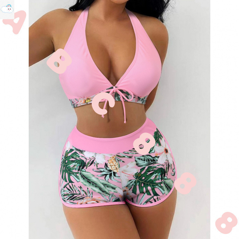 Conjunto de Biquíni Sem Costas Feminino, Cintura Alta, Short de Banho Estampado, Moda Praia 88996