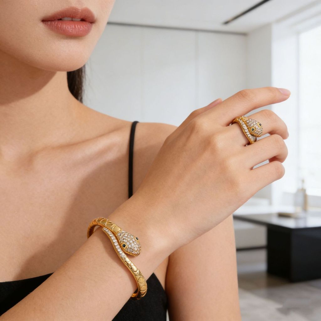 [Venda quente] Pulseira de cobra de diamante completo de luxo leve abertura feminina Design de multidão ajustável anel d