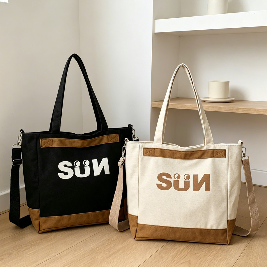 Bolsa Tote de Lona  Casual Preto e Caqui | Bolsa Transversal Grande Capacidade para Trabalho, Estudo e Dia a Dia
