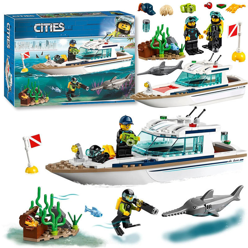 Lego City Series Sunshine Submarino Tubarão Menino Educacional Montado Bloco de Construção Brinquedos