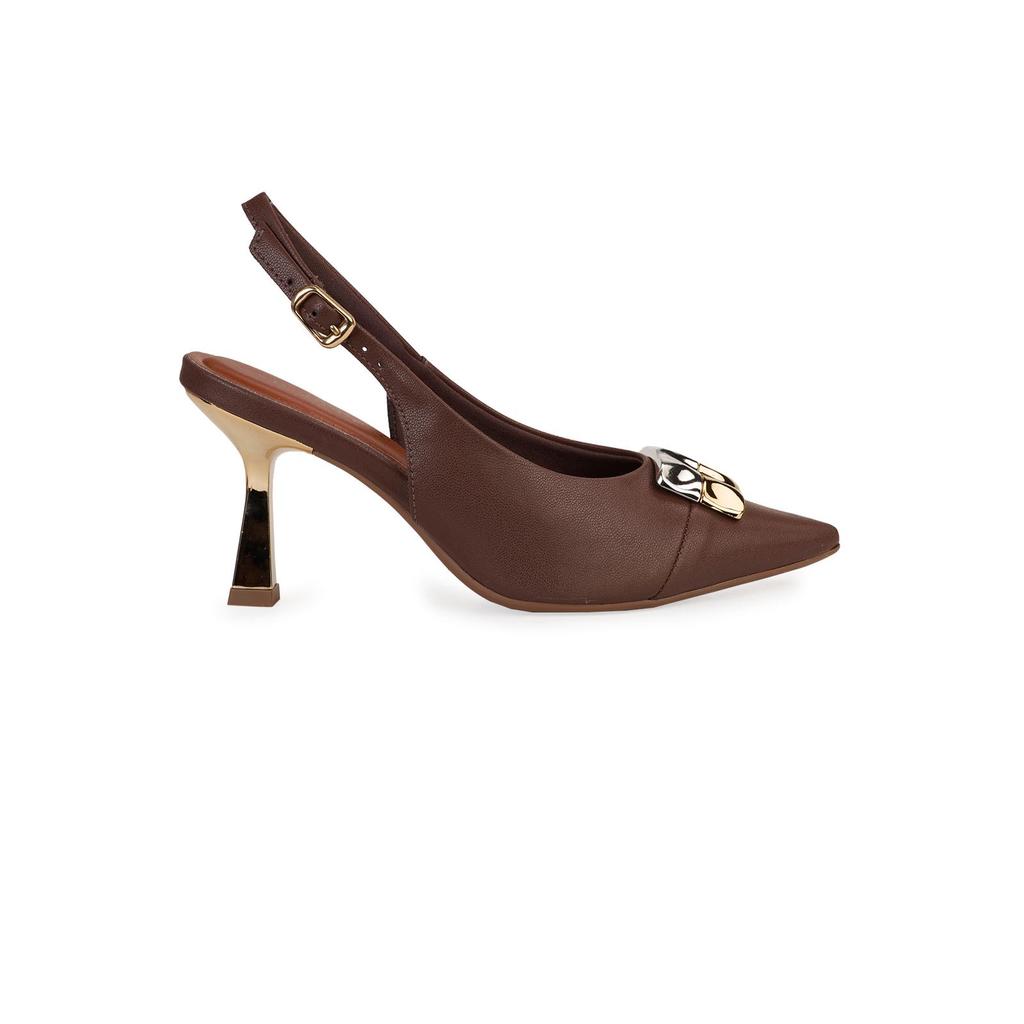 Scarpin Slingback Bebecê Salto Dourado Fino Com Enfeite Quadrado