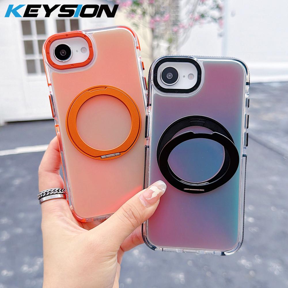 Chave 360 ° Capa De Telefone Magnética Com Suporte De Anel Giratório Para iPhone 17e 16e TPU + PC Laser Gradiente Trasei