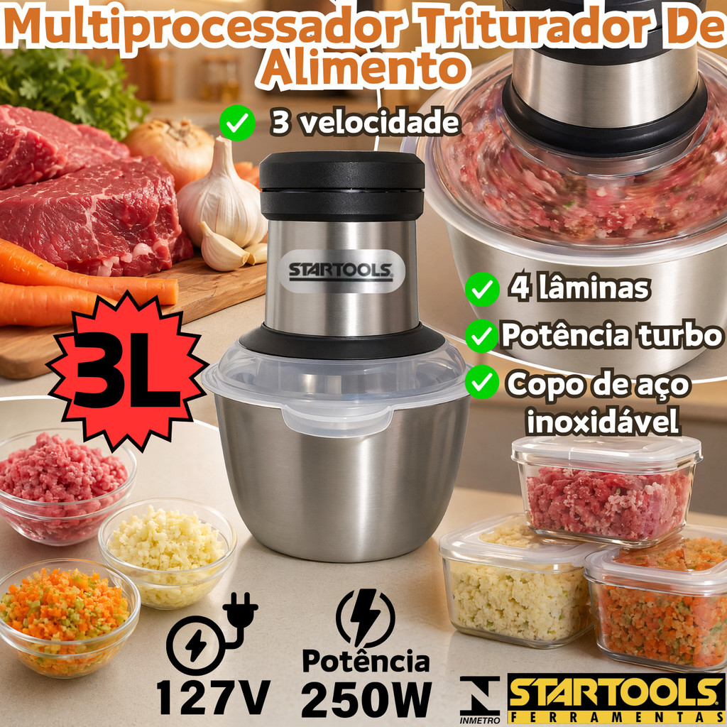 3 Litro Multiprocessador Triturador Del Alimento 127V 250w Alta Potência 4 Aço Inoxidáve Lâminas