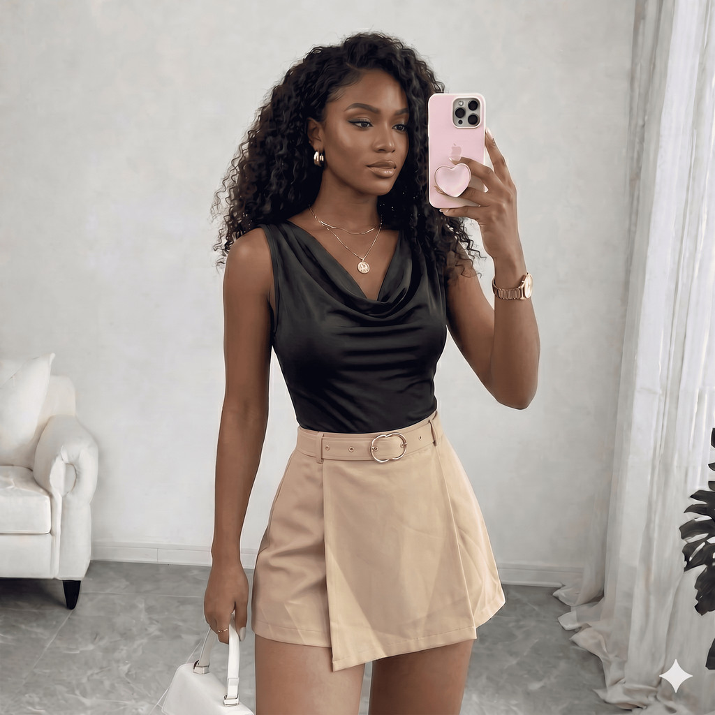 Detalhes do Conjunto Alfaiataria Short Saia com Cinto + Blusa Gola BOBA | P ao GG
