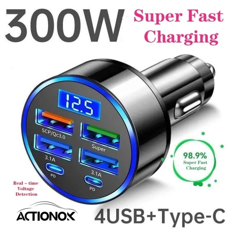 ACTIONOK 300W 6 Portas Carregador De Carro Carregamento Rápido PD/QC/SCP/FCP/AFC/PSS Isqueiro Carga Flash Com Display Di