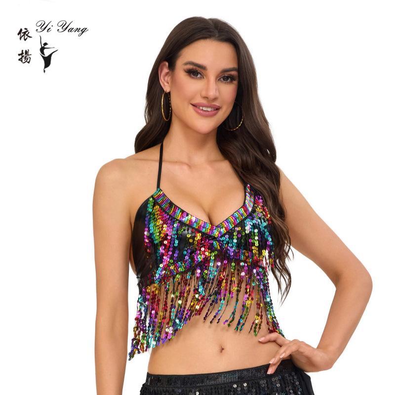Fantasia de estilingue de lantejoulas com franjas, fantasia de Performance de boate para dança do ventre