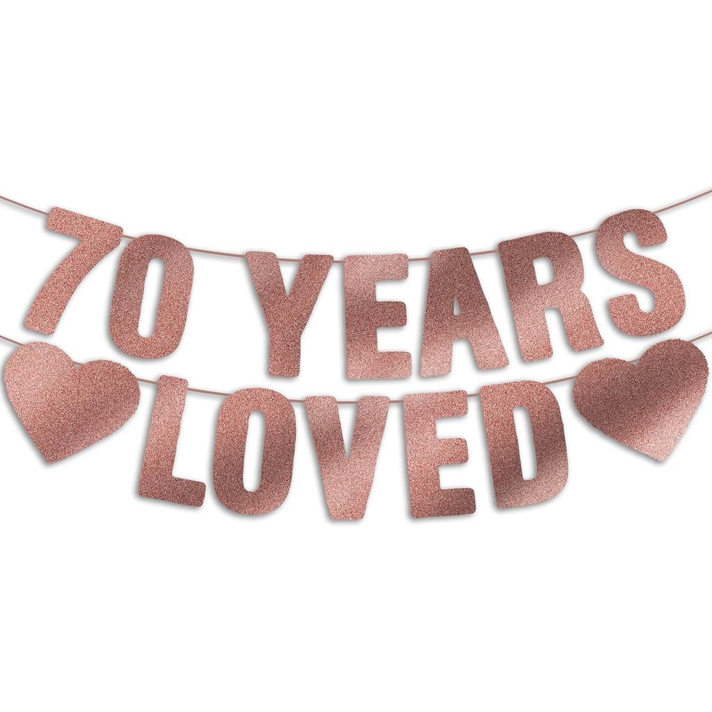 Faixa de Aniversário de 70 Anos Pré-Montada - Glitter Rosa Dourado, Decorações de Festa de 70 Anos para Mulheres, Placa