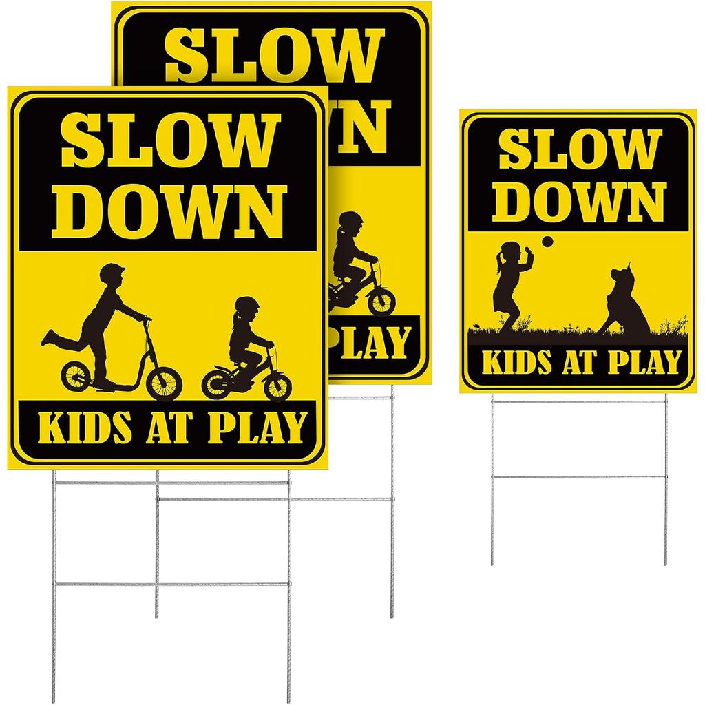 Placa de Advertência "Criança Brincando, Reduza a Velocidade" 15,5 x 13 Polegadas, Dupla Face, para Quintal, com Estaca 